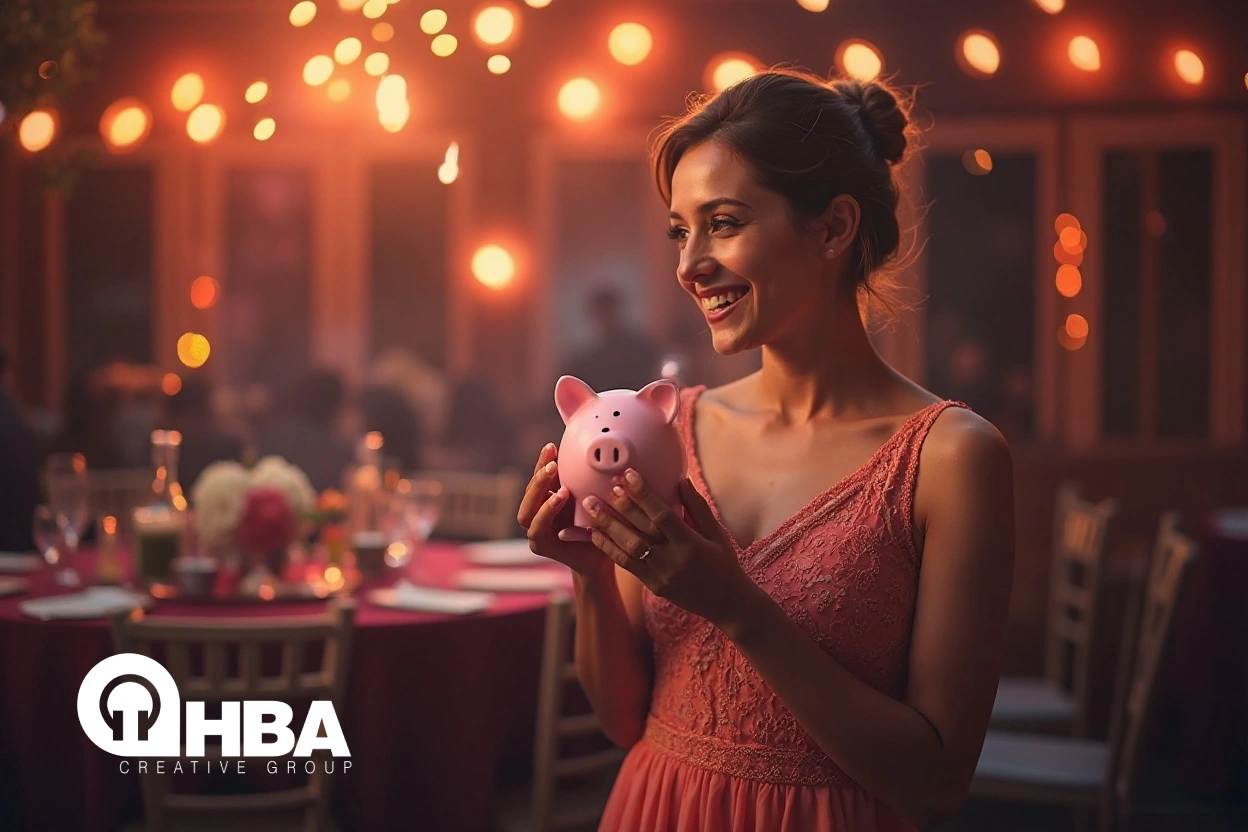 Montaje creativo de una fiesta económica y elegante, adecuada para una boda o un cumpleaños, con decoraciones DIY, luces LED y un ambiente festivo.