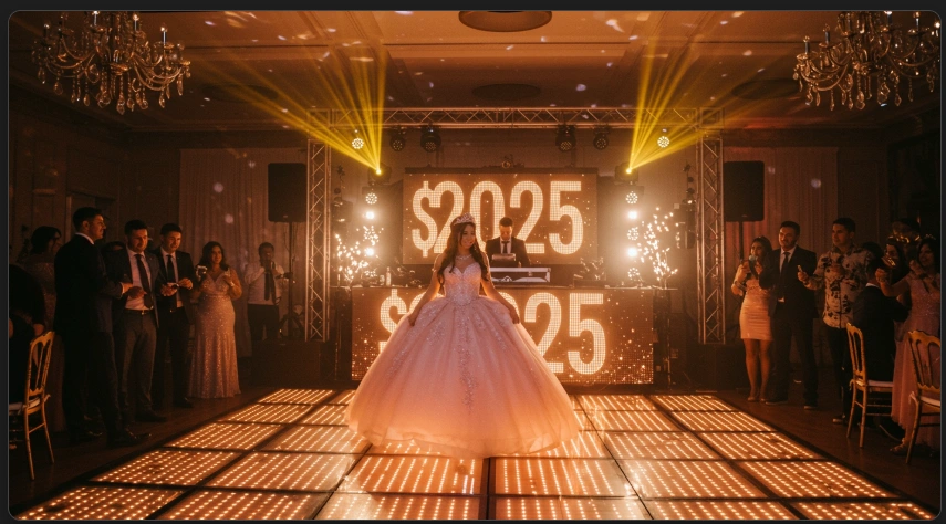 Escena elegante de una fiesta de quinceañera en Argentina con temática rosa y dorada.