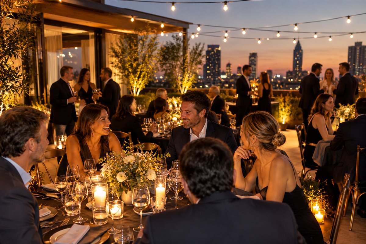 Fiesta de cumpleaños para adultos: cómo organizar tu fiesta de 30, 40 o 50 2 Cena en una terraza al atardecer durante una fiesta de cumpleaños para adultos